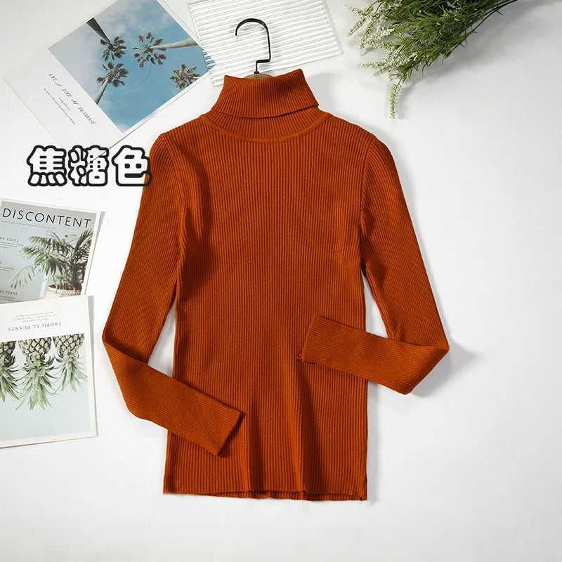 2025 maglione dolcevita da donna semplice pullover moda invernale maglione da donna in maglia elastica top basic femminili neri solidi casual