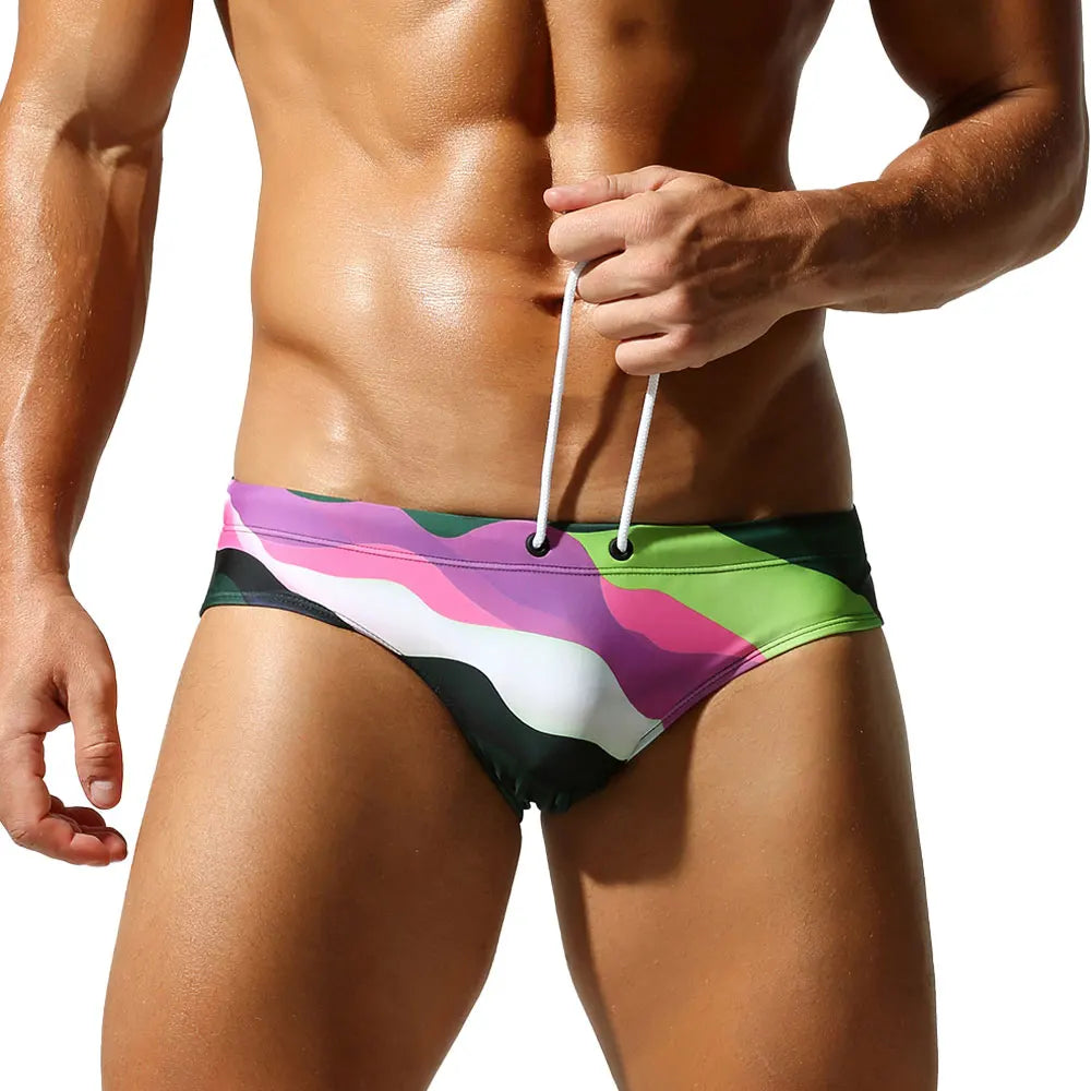 SEOBEAN Men's Camouflage Swim Shorts Low-Waist Quick-Dry with Webbing Straps Fashionable 2026 Triangle Design
