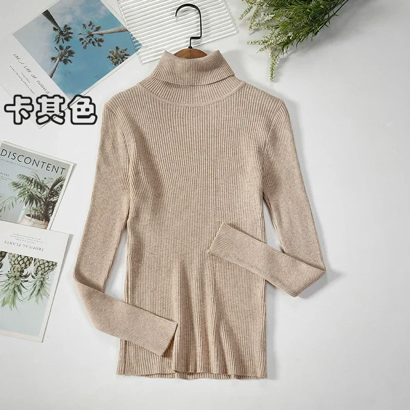 2025 maglione dolcevita da donna semplice pullover moda invernale maglione da donna in maglia elastica top basic femminili neri solidi casual