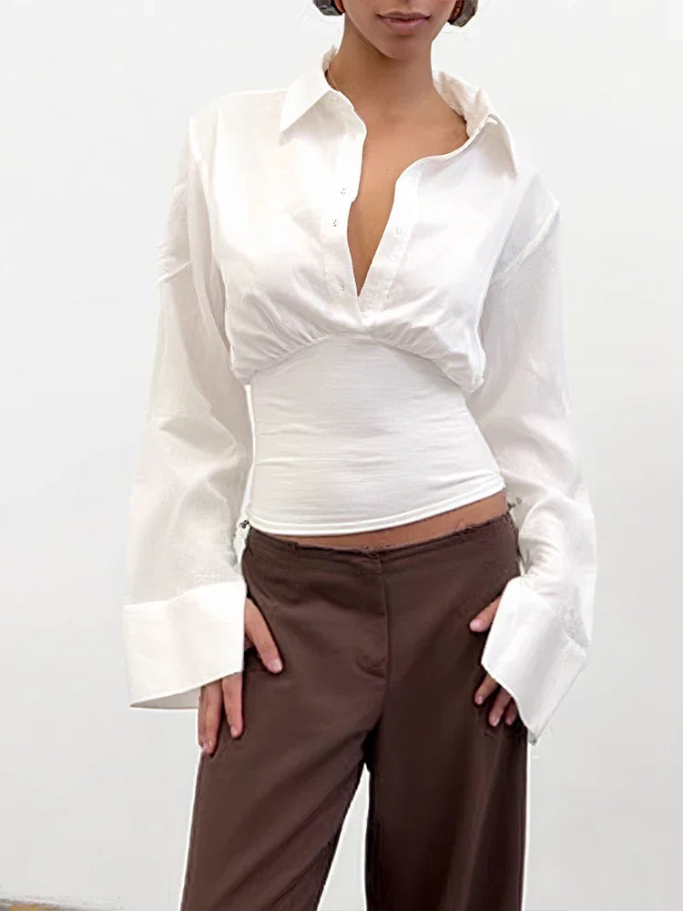 Camicetta con risvolto Donna Monopetto Manica lunga Skinny Tendenza autunnale Top eleganti