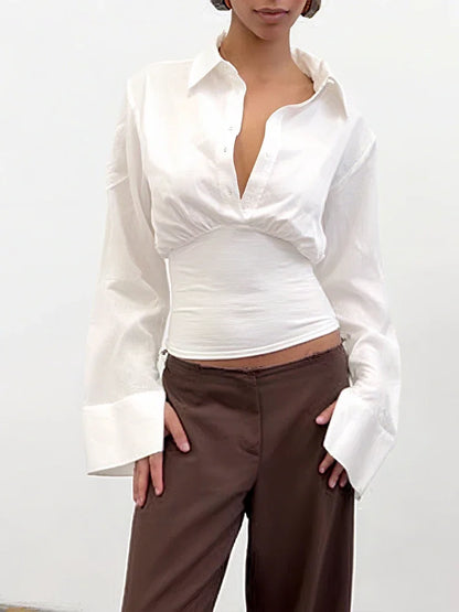 Camicetta con risvolto Donna Monopetto Manica lunga Skinny Tendenza autunnale Top eleganti