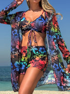 3 Pieces Tie Dye Bikinis Swimsuit 2026 New Women Drawstring Front Swimwear Female High Waist Shorts Bathers Swim Suit Beachwear