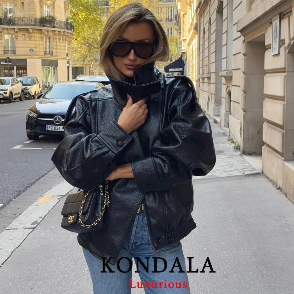 KONDALA Casual Chic Giacche di pelle nera Donna Manica lunga Bottoni Elastico Cappotti oversize Moda 2025 Autunno Cappotti streetwear