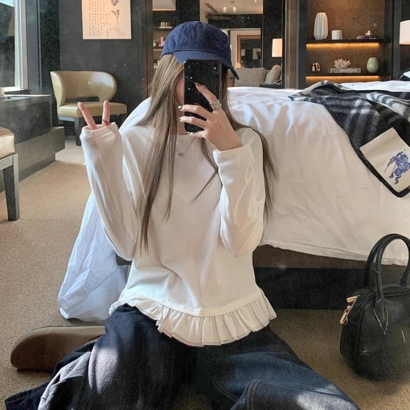 Camicia a maniche lunghe con orlo in pizzo dolce e pieghe Donna Autunno e inverno Sle coreano Semplice e versatile