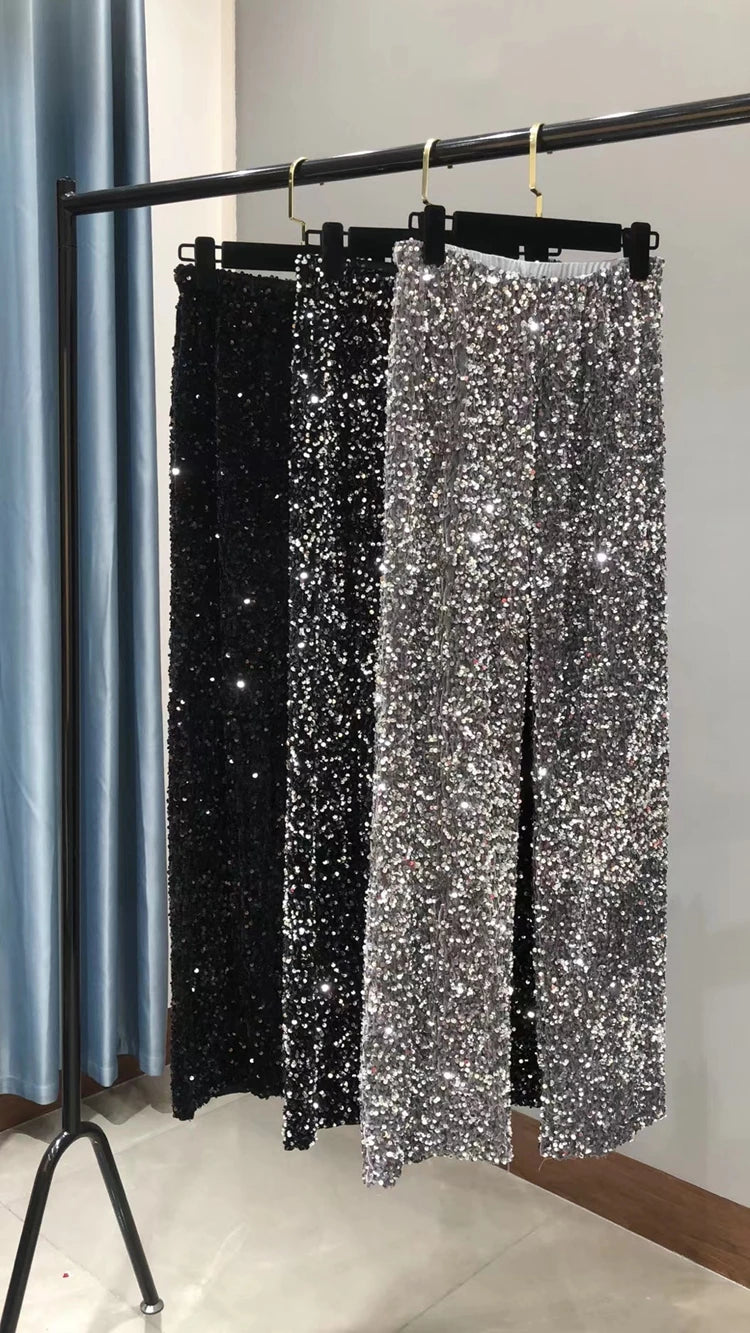 Women's Sparkly Gold Sequin Wide Leg Pants - High Waist Fit