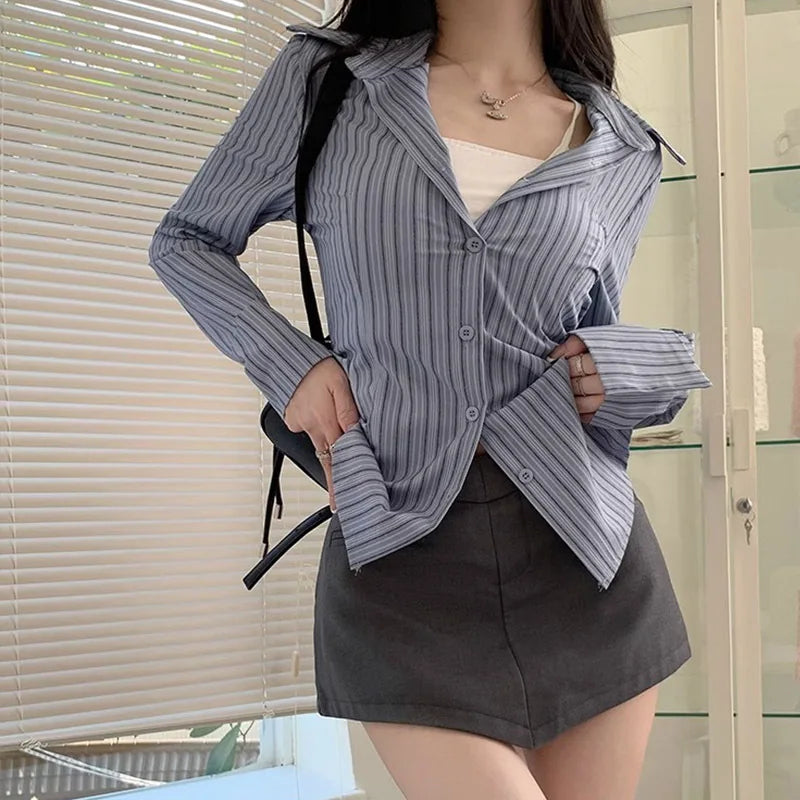 Camicia coreana a maniche lunghe a righe blu da donna Design Vita