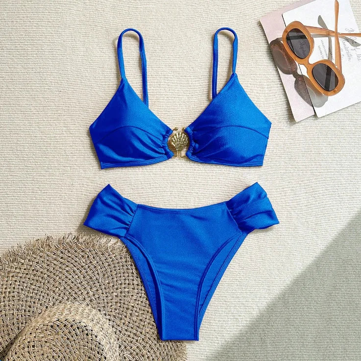 Women's 2026 New Sexy Shell Metal Button Bikini Set Solid Color Push Up Halter Two Piece Swimwear Summer Beach Bathing Suit
