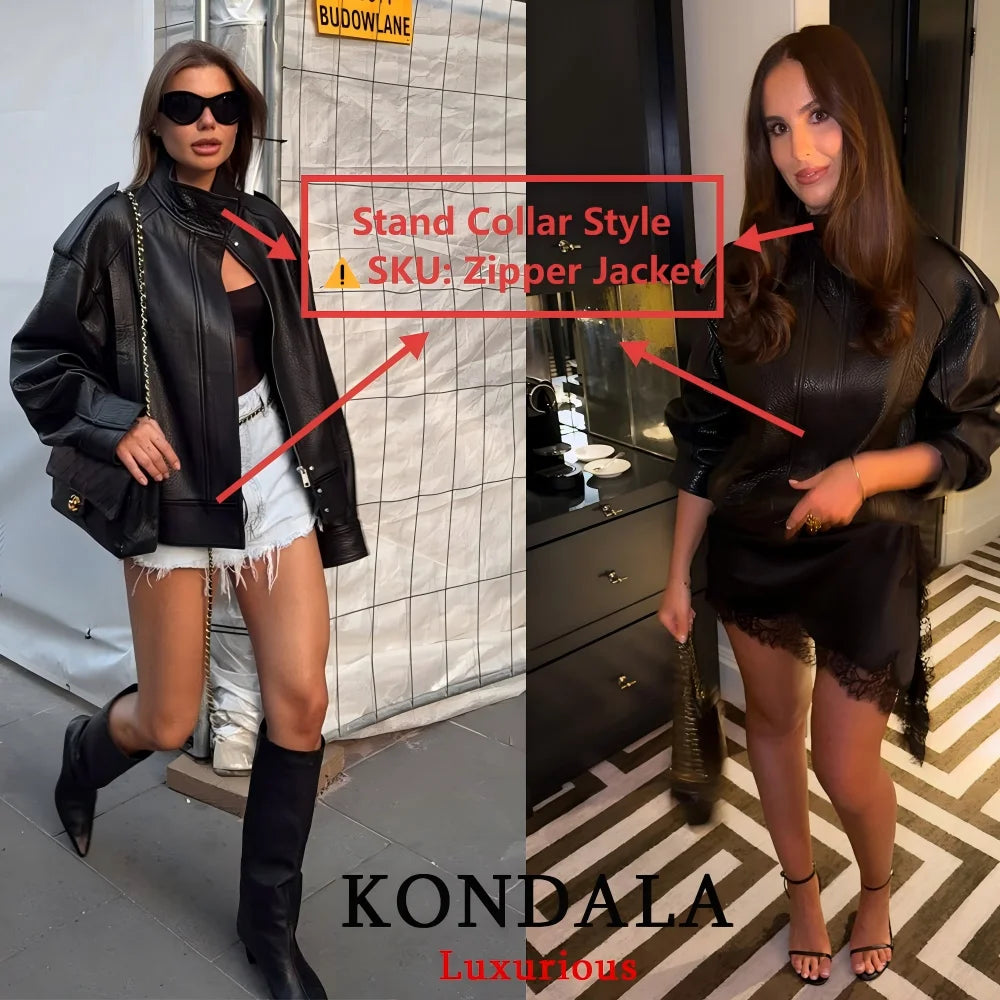 KONDALA Casual Chic Giacche di pelle nera Donna Manica lunga Bottoni Elastico Cappotti oversize Moda 2025 Autunno Cappotti streetwear