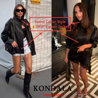 KONDALA Casual Chic Giacche di pelle nera Donna Manica lunga Bottoni Elastico Cappotti oversize Moda 2025 Autunno Cappotti streetwear
