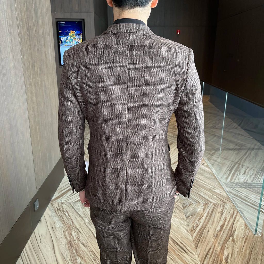 Abito da uomo in tre pezzi scozzese modificato di alta qualità in stile coreano britannico - Set di gilet e pantaloni eleganti da lavoro casual