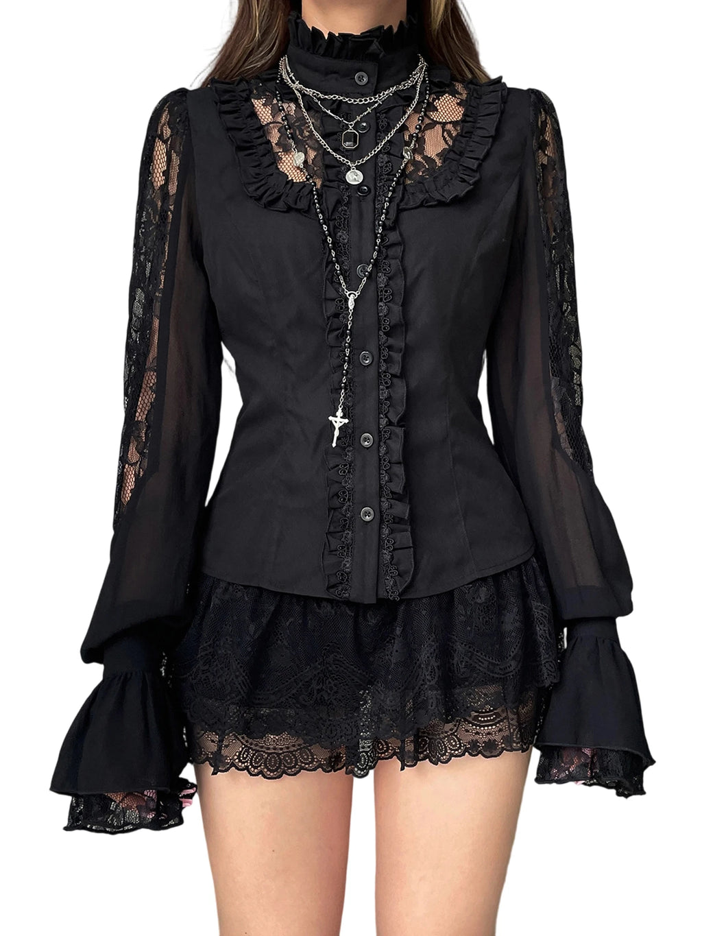 Elegante camicetta ricamata floreale a maniche lunghe con scollo a V Top patchwork in pizzo