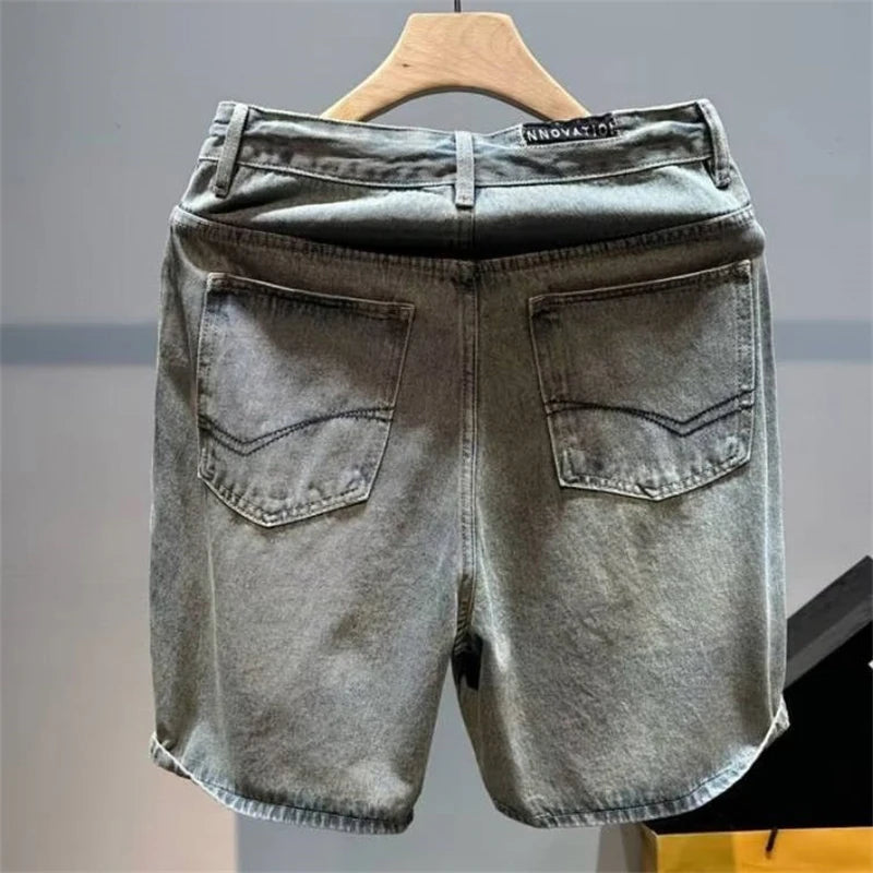 2026 Mens Straight Leg Blue Denim Shorts Summer Casual Five Inch Beach Shorts Thin Lightweight Y2K Vintage Japanese Relaxed Fit