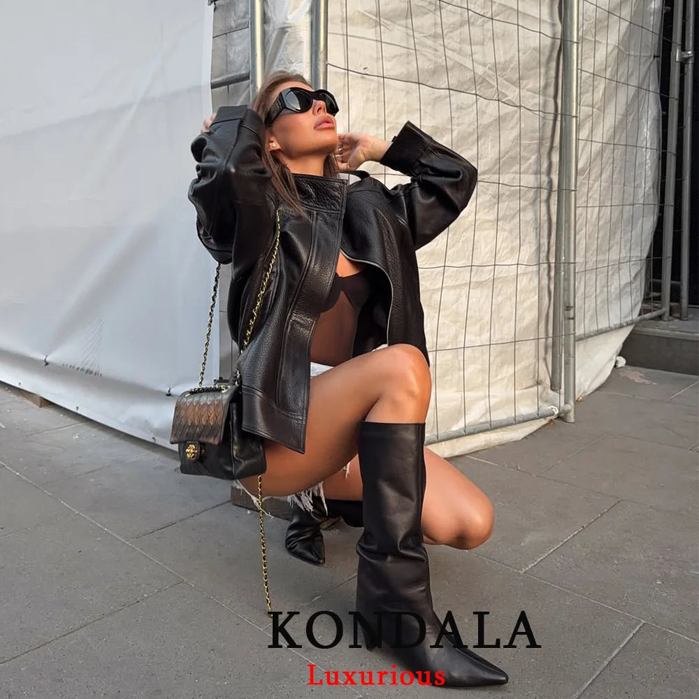 KONDALA Casual Chic Giacche di pelle nera Donna Manica lunga Bottoni Elastico Cappotti oversize Moda 2025 Autunno Cappotti streetwear