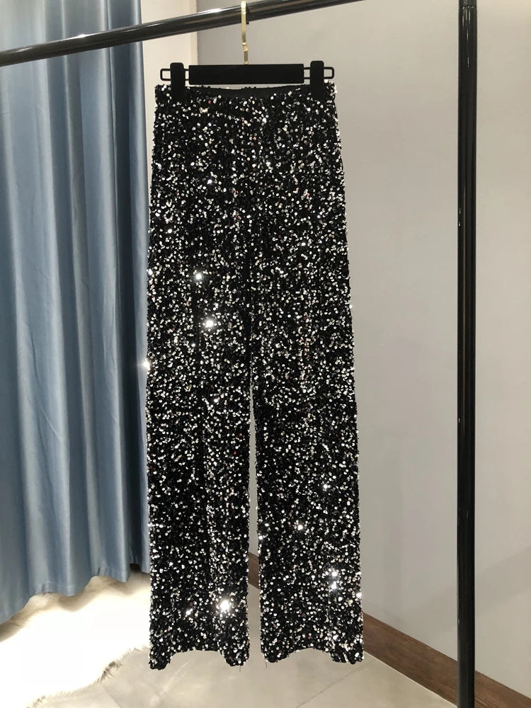 Women's Sparkly Gold Sequin Wide Leg Pants - High Waist Fit