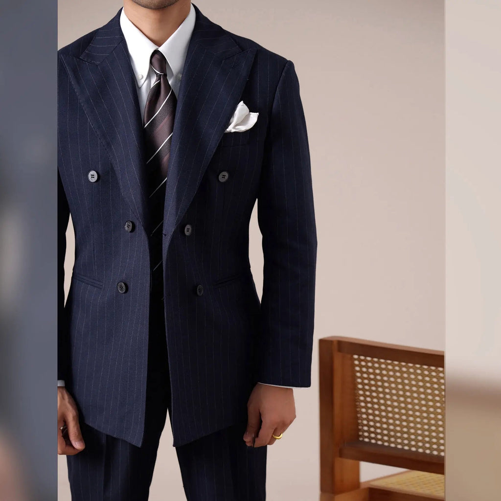 Abito da uomo per banchetto da sposo a righe blu navy Abito doppiopetto di alta qualità 2 pezzi Abito da festa di nozze Costume sottile Homme Mariage - StepByStepNow