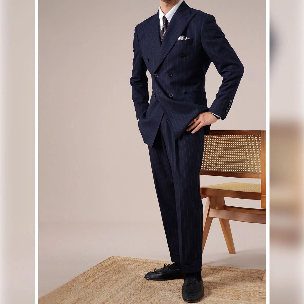 Abito da uomo per banchetto da sposo a righe blu navy Abito doppiopetto di alta qualità 2 pezzi Abito da festa di nozze Costume sottile Homme Mariage - StepByStepNow