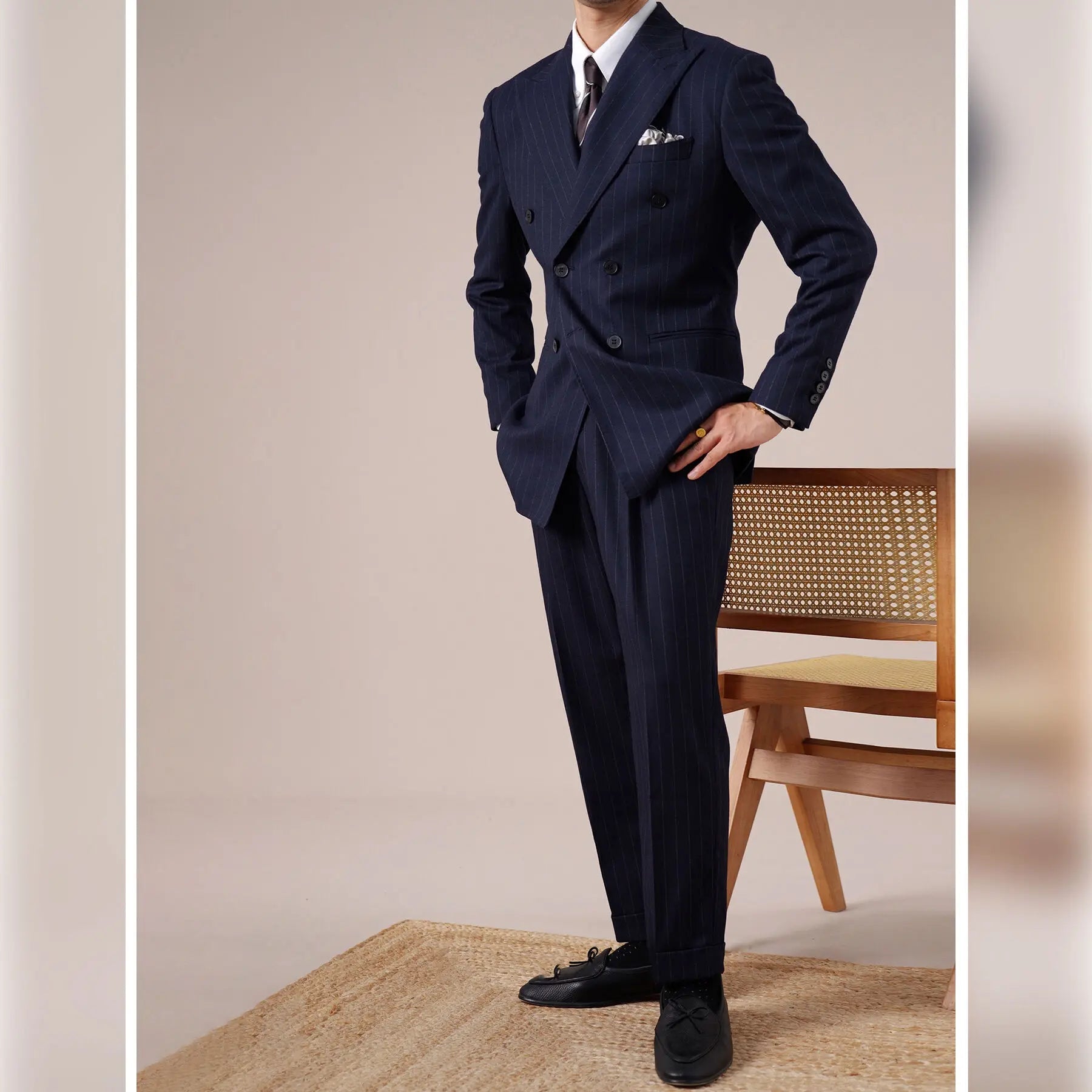 Abito da uomo per banchetto da sposo a righe blu navy Abito doppiopetto di alta qualità 2 pezzi Abito da festa di nozze Costume sottile Homme Mariage - StepByStepNow