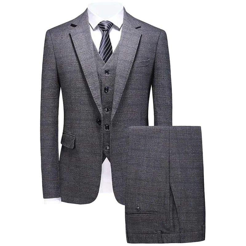 Abito slim fit in 3 pezzi a quadretti da uomo | Set smoking da sposo casual (giacca + gilet + pantaloni) per bottoni funzionali matrimonio/ballo/festa - StepByStepNow