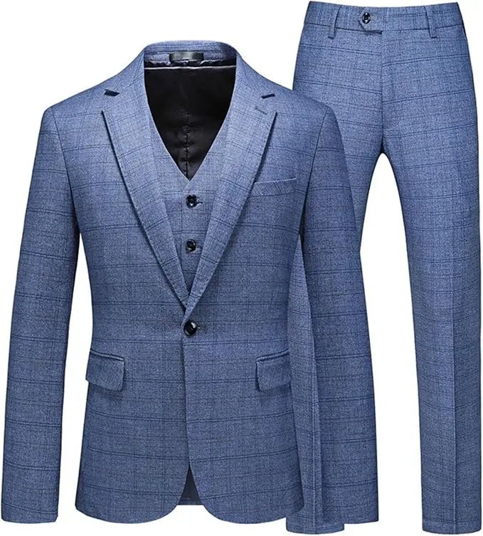 Abito slim fit in 3 pezzi a quadretti da uomo | Set smoking da sposo casual (giacca + gilet + pantaloni) per bottoni funzionali matrimonio/ballo/festa - StepByStepNow