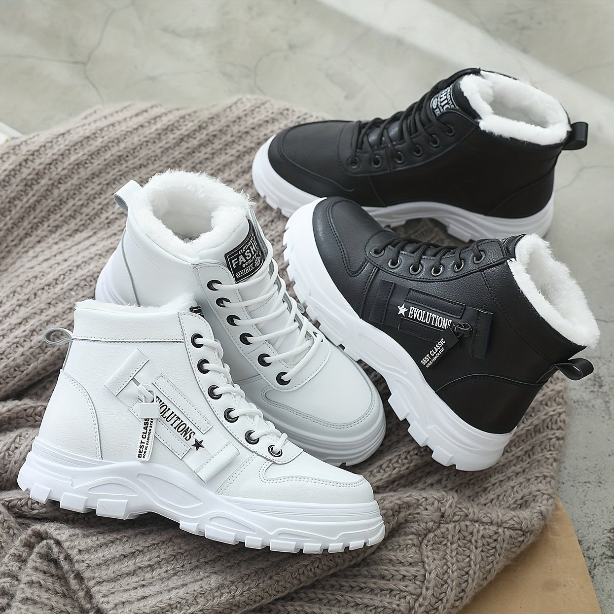 Affordable Women's boots, black and white winter shoes for ladies, slip - on style with plush lining for warmth, a gift for women, fashionable Plush design at the toe, suitable for plus - size women, ideal for scenes - StepByStep