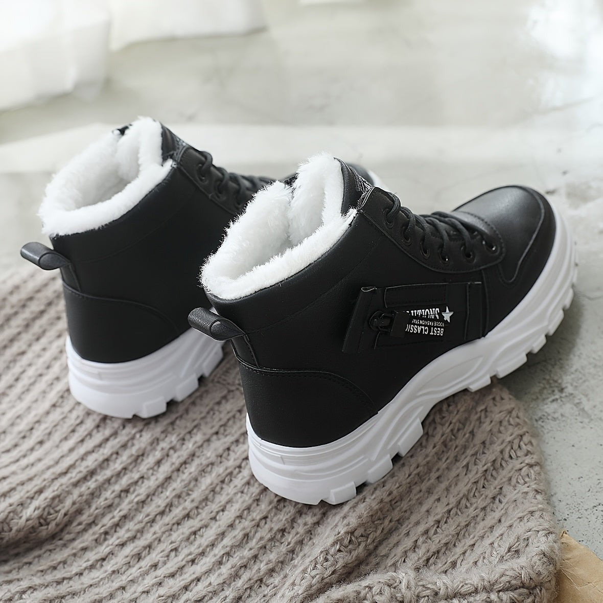 Affordable Women's boots, black and white winter shoes for ladies, slip - on style with plush lining for warmth, a gift for women, fashionable Plush design at the toe, suitable for plus - size women, ideal for scenes - StepByStep