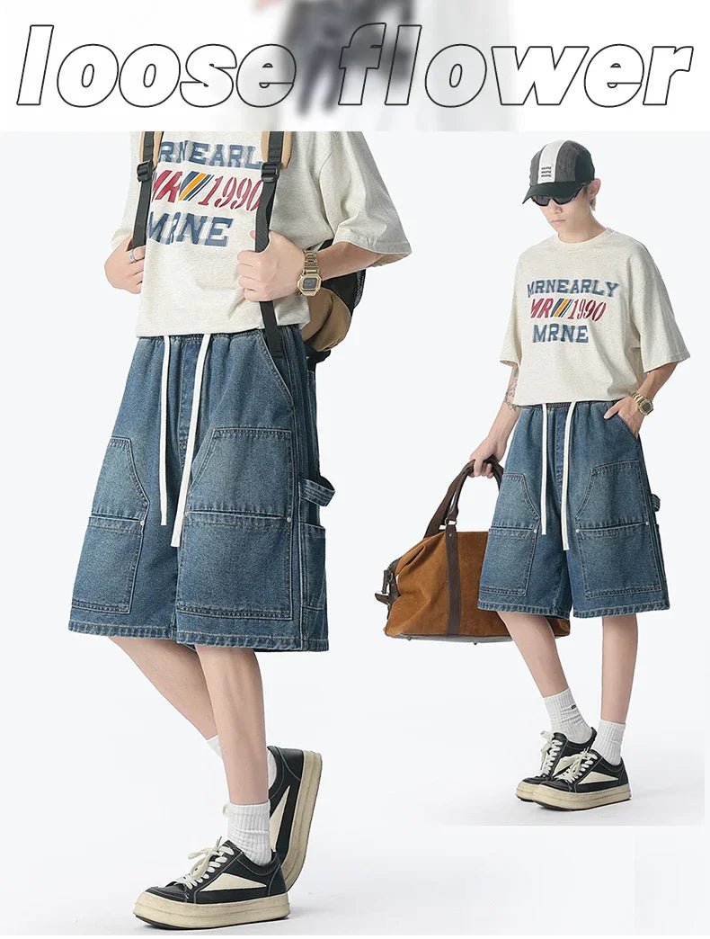 American Street "Rivet" Denim Shorts – Loose Hip - Hop Five - Quarter Pants - StepByStepNow