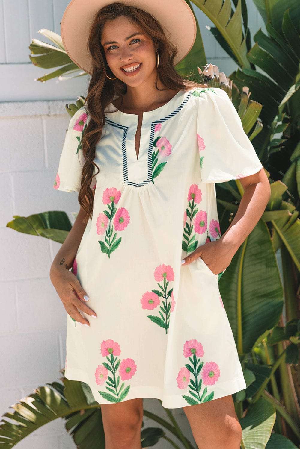 Apricot Floral Summer Mini Dress - StepByStep