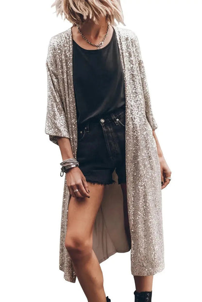Apricot Sequin 3/4 Sleeve Open Front Duster Kimono - StepByStep