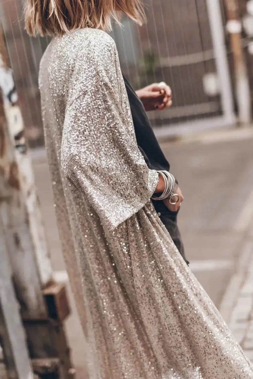 Apricot Sequin 3/4 Sleeve Open Front Duster Kimono - StepByStep