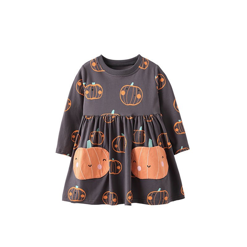 Autumn Arrival Kids Girls Cartoon Pumpkin Pattern Long Sleeves Dress - StepByStep