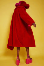 Bamboo Faux Fur Red Midi Coat with Pink Collar - StepByStep