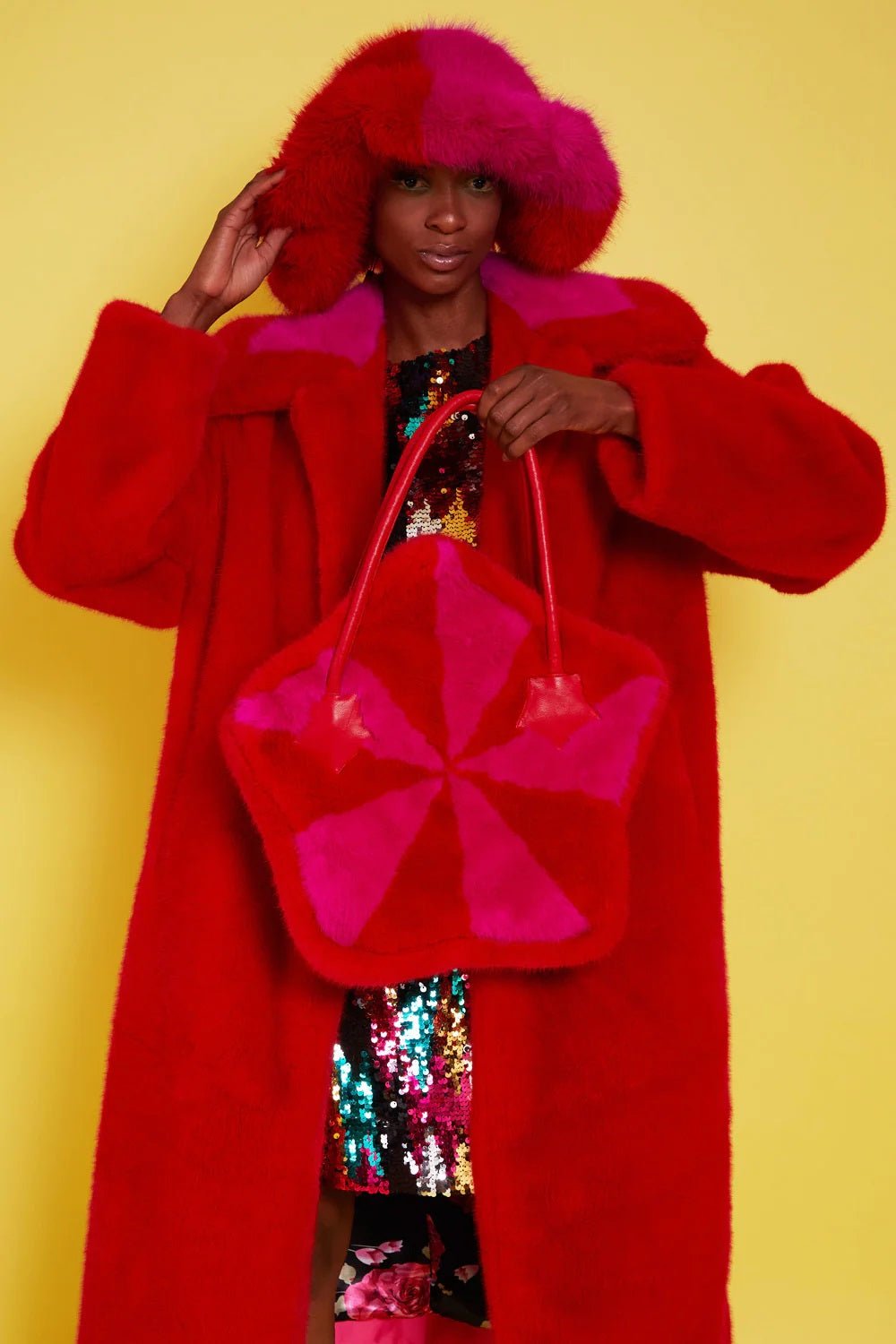 Bamboo Faux Fur Red Midi Coat with Pink Collar - StepByStep