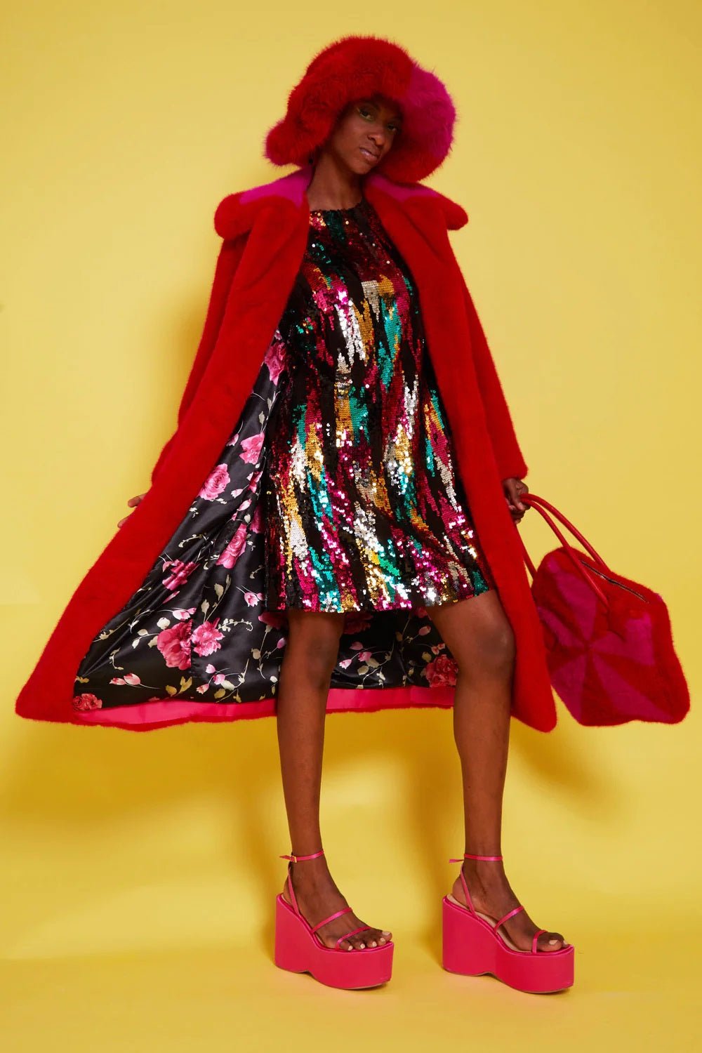 Bamboo Faux Fur Red Midi Coat with Pink Collar - StepByStep