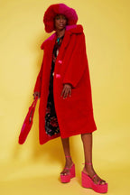 Bamboo Faux Fur Red Midi Coat with Pink Collar - StepByStep