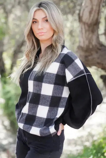 Black Checkboard Patchwork Exposed Stitching Collared Top - StepByStep
