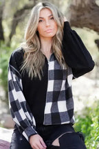 Black Checkboard Patchwork Exposed Stitching Collared Top - StepByStep