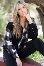 Black Checkboard Patchwork Exposed Stitching Collared Top - StepByStep