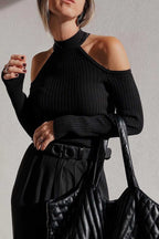 Black Cold Shoulder Choker Neck Sweater - StepByStep