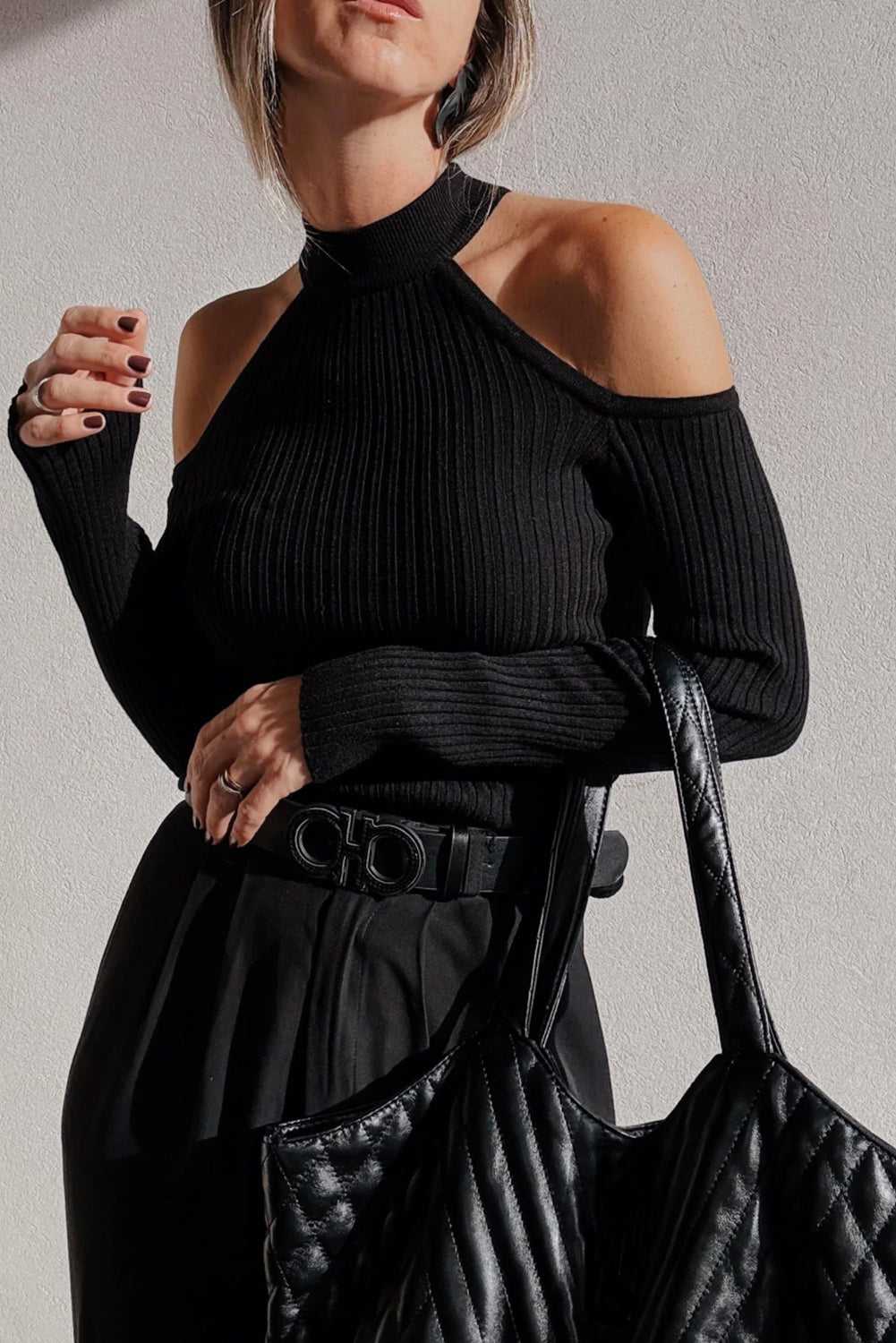 Black Cold Shoulder Choker Neck Sweater - StepByStep