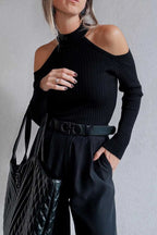 Black Cold Shoulder Choker Neck Sweater - StepByStep