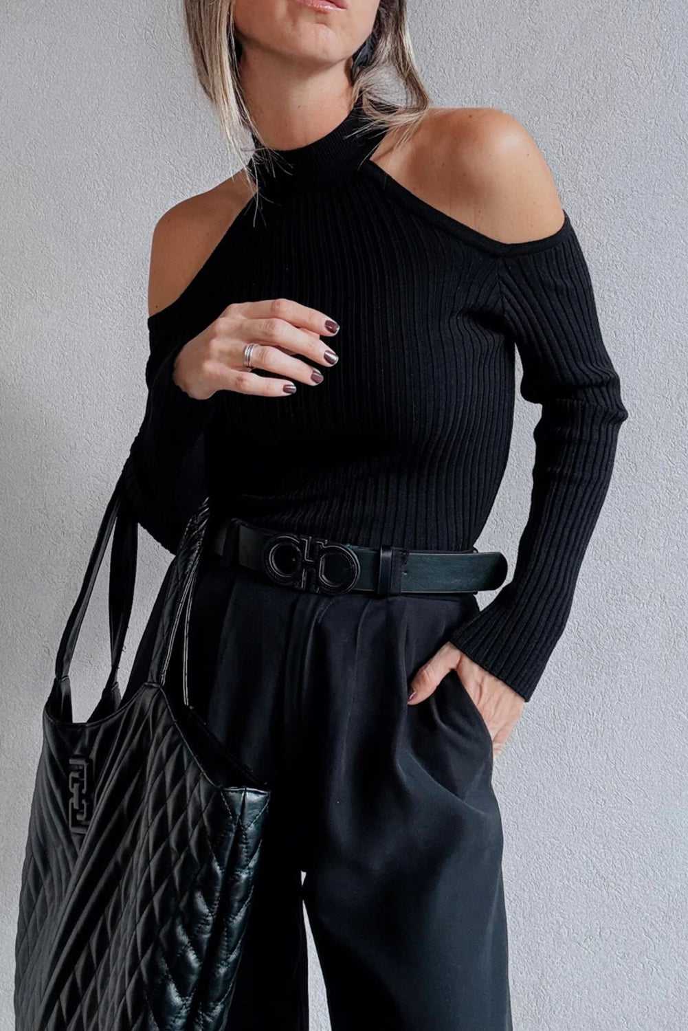 Black Cold Shoulder Choker Neck Sweater - StepByStep