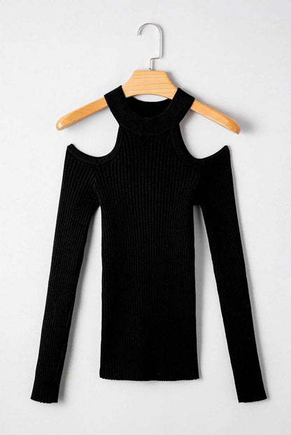Black Cold Shoulder Choker Neck Sweater - StepByStep