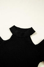 Black Cold Shoulder Choker Neck Sweater - StepByStep