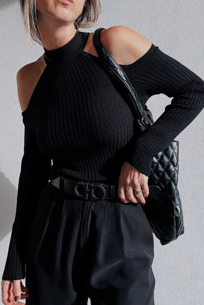 Black Cold Shoulder Choker Neck Sweater - StepByStep