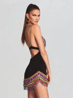 Black Crystal Bandage Bodycon Dress with Diamonds For Women, V - Neck, Meatpacking District, BYMANYC New York. - StepByStep