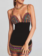 Black Crystal Bandage Bodycon Dress with Diamonds For Women, V - Neck, Meatpacking District, BYMANYC New York. - StepByStep