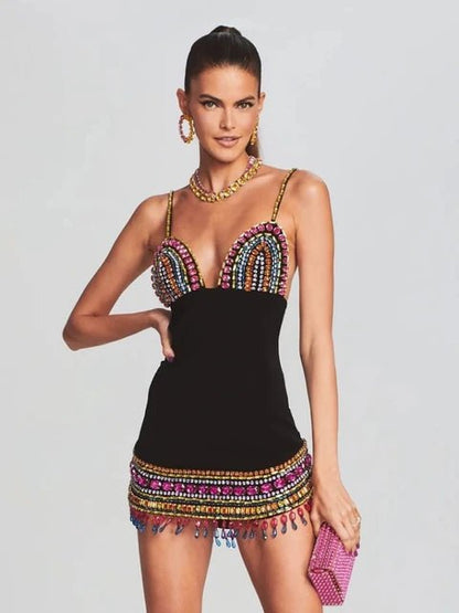 Black Crystal Bandage Bodycon Dress with Diamonds For Women, V - Neck, Meatpacking District, BYMANYC New York. - StepByStep
