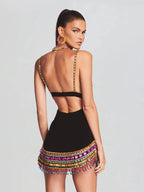 Black Crystal Bandage Bodycon Dress with Diamonds For Women, V - Neck, Meatpacking District, BYMANYC New York. - StepByStep