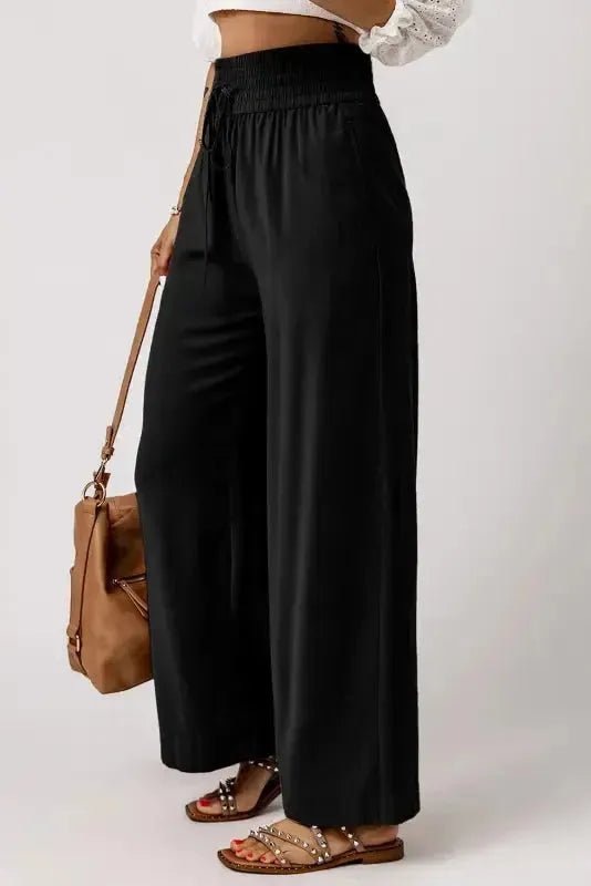 Black Drawstring Elastic Waist Casual Wide Leg Pants - StepByStep