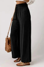 Black Drawstring Elastic Waist Casual Wide Leg Pants - StepByStep